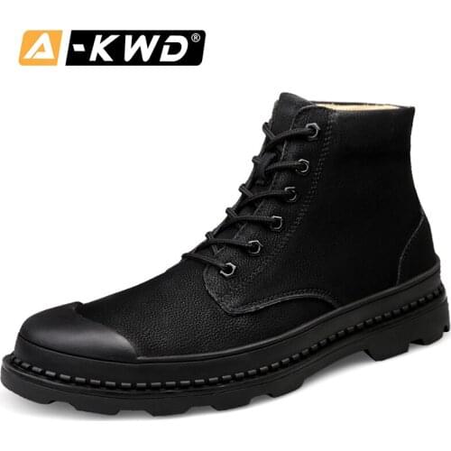 Fashion Black Work Shoes Menwinterschuhe Herren Men Winter Boots Lace-up Breathable Single Ankle Boots for Men Genuine Leather