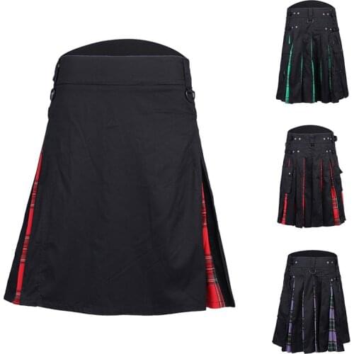 Vogue Nice Scottish Mens Kilt Traditional Plaid Belt Pleated Bilateral Chain Brown Gothic Punk Scottish Tartan Trousers Skirt