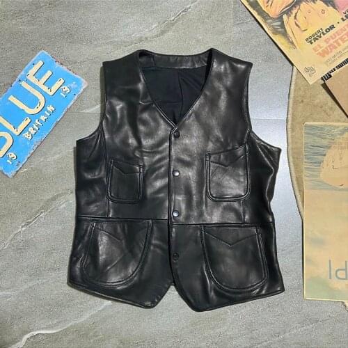 2021 Mens Slim-Fit Fashion Urban Sheepskin Soft Leather Vest Youth Casual New Black Multi-Pocket Vest