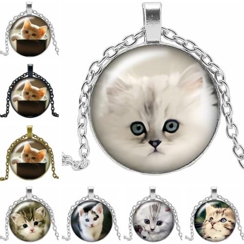 2019 New Hot Sale Cute Cat Pet Necklace Gift Glass Convex Round Pendant Necklace Fashion Jewelry