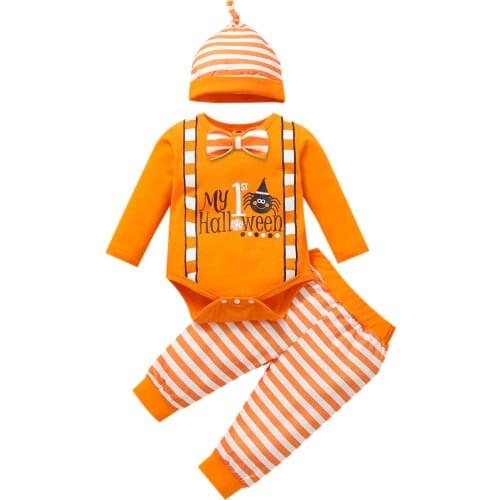 2021 Newest Babys Clothes Halloween Costume Three-piece Clothes Set Printed Pattern Long Sleeve Romper Pants And Cap