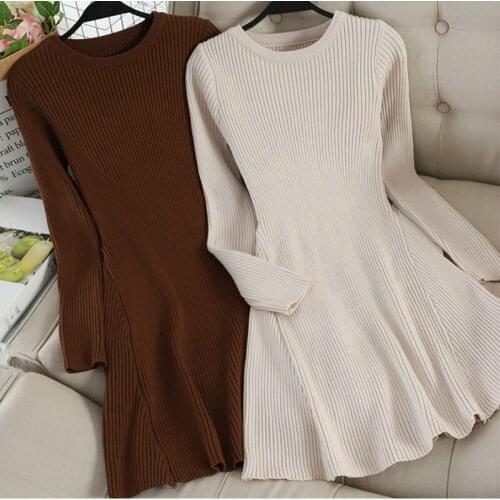 Autumn Winter Women O-neck A Line Short Mini Knitted Dresses Long Sleeve Sweater Dress Women Irregular Hem Casual Dress