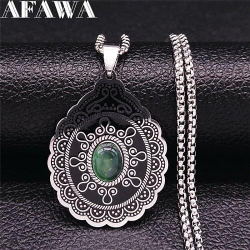 Oval Flower Green Natural Crystal Stainless Steel Bohemia Choker Necklace Women Silver Jewelry sautoir femme long boheme N3609S0