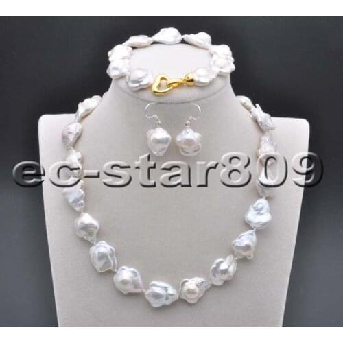 P6325 SET 16mm White Coin Plum-Blossom Pearl Choker Necklace Bracelet Earring