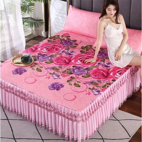Rose Flower Bed Skirt Home Textile Bedding 3pcs/set(1Bed Skirt + 2pcs Pillowcase) Thicken Bed Sheet King/Queen Bedspread F0526