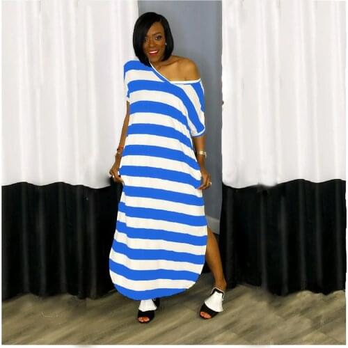 Simple Versatile Black White Striped Loose Dress Women Short Sleeve Deep V Neck Holiday Dress Casual Side High Split Robe Femme