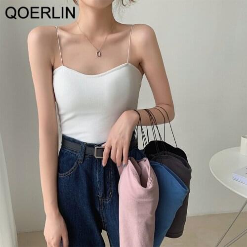 QOERLIN Tank Top Women Thin Spaghetti Strap Cropped Top Summer Camis Vest Korean Streetwear Slim Tops Plus Size Sexy T-Shirts