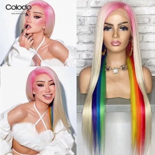 COLODO Remy Brazilian Half Red Ombre Straight Lace Front Wig Pre Plucked Rainbow Human Hair Wig With Pink Roots for Black Women