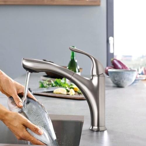SKOWLL Kitchen Solid Brass 360 Rotatable Pull Out Spray Faucet Single Handle Deck Mounted 2-Functions, Brushed Nickle