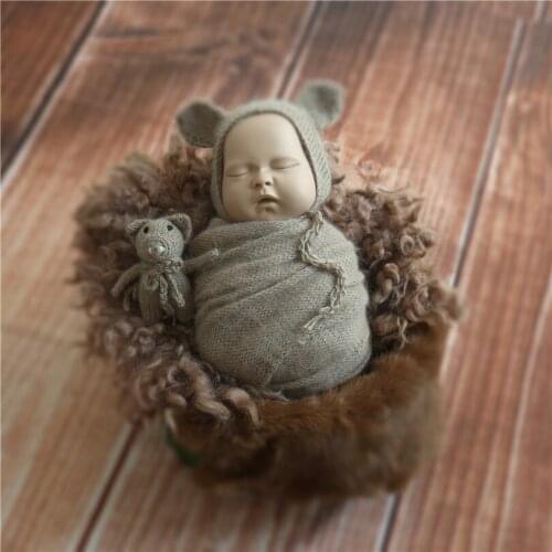 Newborn Knit Angola Toy Handmade Crochet Pig Stuffed And Bonnet Set Knitted Bonnet Newborn Photo Props