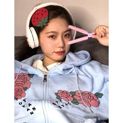 Y2k Streetwear Zip hoodie Harajuku floral Print Blue Oversized Sweatshirt Hip-hop Long Sleeve Autumn Gothic Women Grunge Jacket