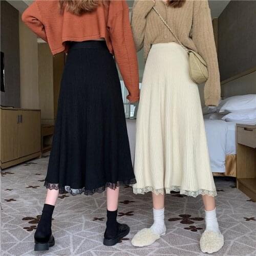 Female Autumn Long Skirt 2021 Black Pleated Skirt Koreany High Waist Elegant Lace Stitching Women Winter A-Line Sweater Thick