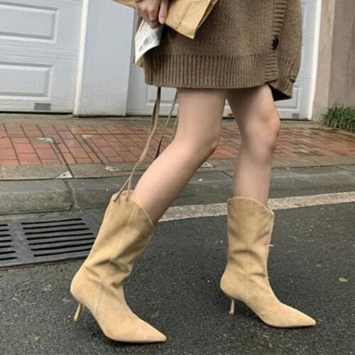 Strange Style 6.5cm Heel Cow Suede Women Shoes Runway Show Pointed Toe Woman Boot Rome Style Winter Genuine Leather Ladies Shoes