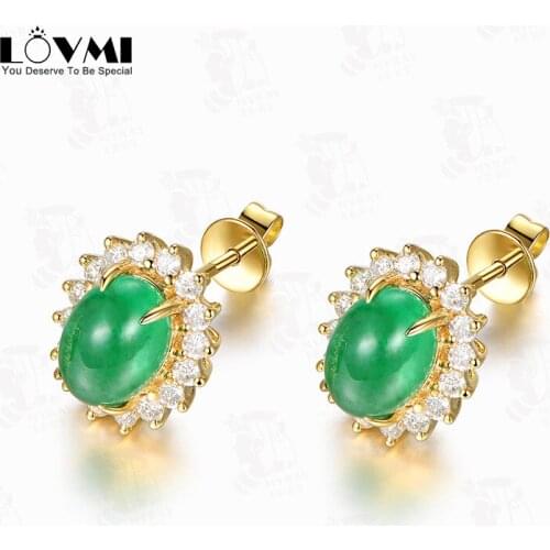 2021 Vintage Gold Women Stud Earrings Emerald Gemstones Jade Oval Flower Crystal Jewelry Accessories For Female Mother Gift