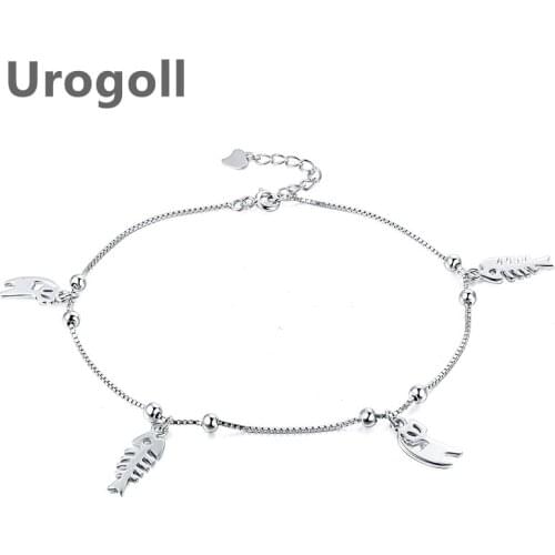 Fashion Pure 925 Sterling Silver Anklet Cat And Fish Bone Round Bead Anklets For Women Ankle Bracelet Foot Chain Girl Jewelry