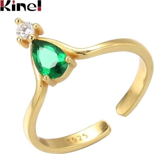 Kinel S925 Sterling Silver Jewelry Retro Personality Adjustable Temperament Open Ring Female Creative 18K Gold ring Green zircon