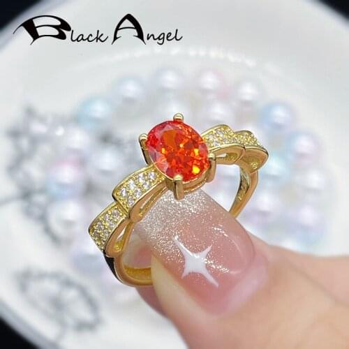 BLACK ANGEL Ladies New Fashion Fanta Orange Red Zircon Ring For Women Shiny CZ Gold Color Bowknot Silver Jewelry Party Gifts