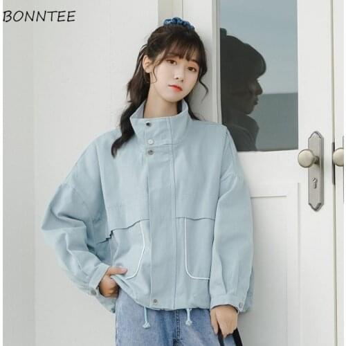 Basic Jackets Women Stand Collar Buttons Light Blue Korean Sweet Style Preppy Vintage Design Lovely Elegant Female Coats Stylish