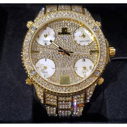 Hip Hop MISSFOX Fully Iced Out Men Watches Multiple Time Zone Stainless Steel Fashion Luxury Luminous Hand Quartz Business Watch