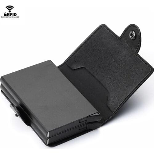 Bycobecy 2019 Men & Women Credit Card Holder Metal RFID Double Aluminium Box Hasp Bus Card Holder Crazy Horse Leather ID Holder