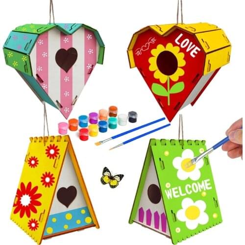 DIY Bird House Kit Build Painting Birdhouse Paints Brushes Wooden Art Craft Kids 667A