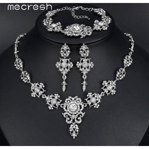 Mecresh Elegant Bridal Jewelry Sets Clear Floral Crystal Necklace Earrings Bracelets Sets Wedding Jewelry for Women TL432+SL031