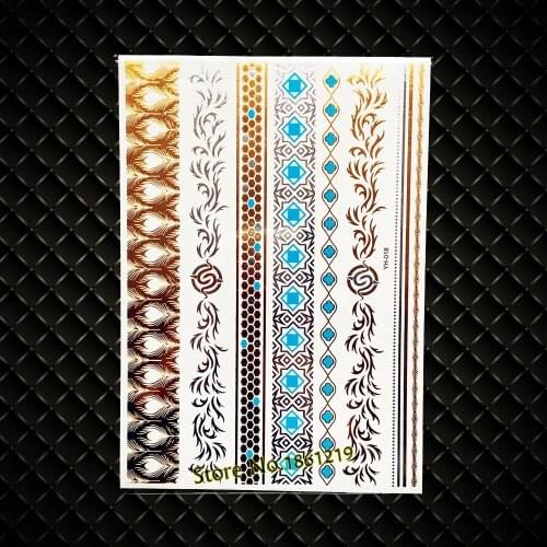 Fashion Temporary Fake Metallic Waterproof Tattoo Stickers Summer Style 21x15CM Big Size Henna Bracelet Jewelry Tattoo Sticker