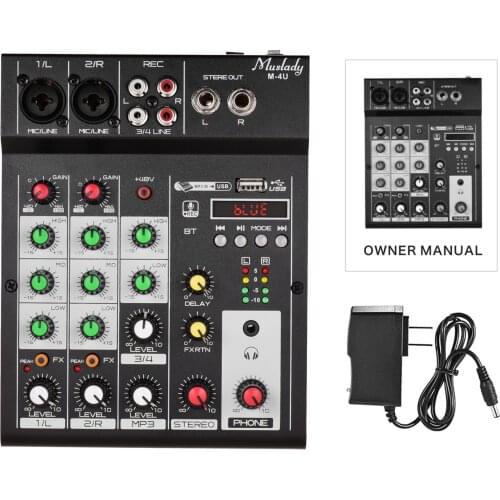 Muslady M-4U Portable 4-Channel BT Mixing Console Digital Audio Mixer Built-in Reverb Effects 3-band EQ DC 5-12V Power Supply