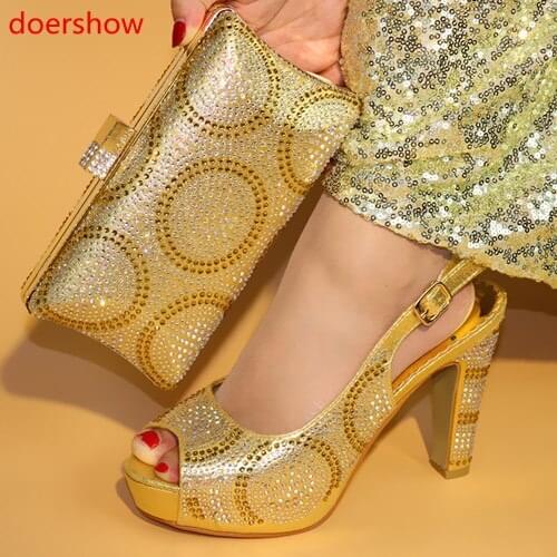 Doershow African gold Shoe And Bag Set For Party Italian Shoe With Matching Bag Matching women Shoe And Bag for Weeding SJU1-7