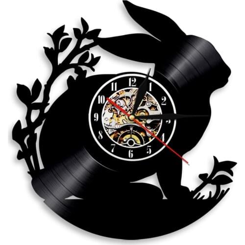 Lovely Rabbit Animal Artwork Wall Clock Woodland Bunny Vinyl Record Hanging Clock Modern Design Nursery Decor For Kids' Room