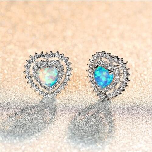 Charm Female Rainbow Crystal Opal Earrings For Women Dainty Silver Color Stud Earrings Trendy Love Heart Zircon Wedding Jewelry