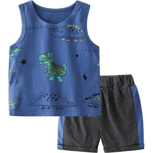 New Kids Boys Summer Clothing Sets Cute Cartoon Dinosaur Sleeveless Striped Tank Tops Vest T-Shirt with Shorts Clothing Sets