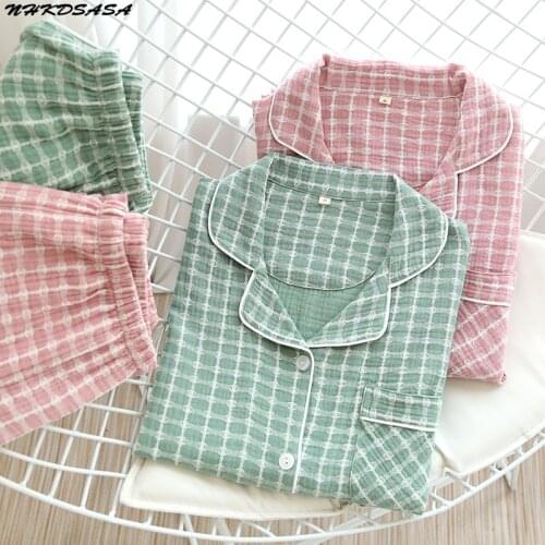 Couples Pajama Set 100% Cotton Crepe Women And Men Home Suit Female Sleep Top Bottom Sleepwear Long Sleeve Soft Pyjamas