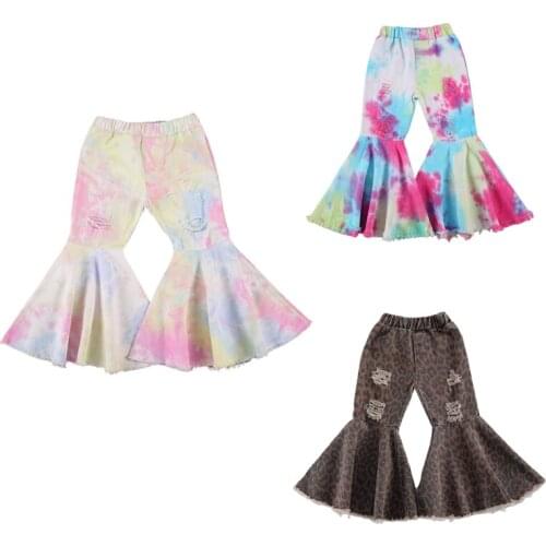 1-6Years Toddler Girls Flare Pants Stylish Leopard Tie-Dye Printed Bell Bottoms Pants Fall Clothes 3Colors