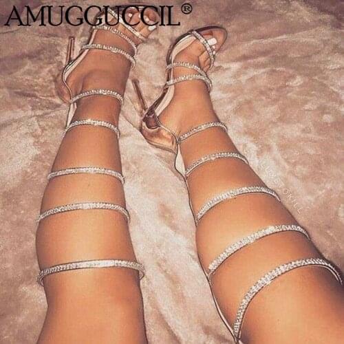 2020 New Plus Big Size 35-52 Champagne Silver Crystal Zip Fashion Sexy High Heel Summer Female Lady Women Gladiator Sandal L1165