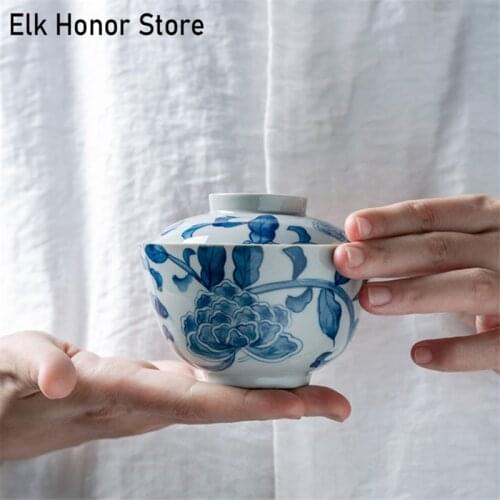 Blue And White Hand-painted Full-color Cover Bowl Kung Fu Health-Preserving Tea Set Ceramic Tea Bowl Large Ancient Celadon Bowl