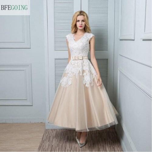 A-line Wedding Dress - Champagne Ankle-length V-neck Lace / Satin / Tulle Custom made