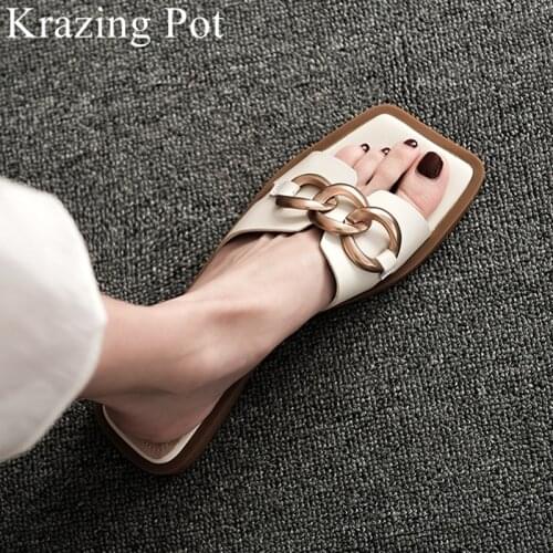 Size 40 comfortable cow leather low heels peep toe outside slippers chain solid casual summer shoes slides slip on concise mules