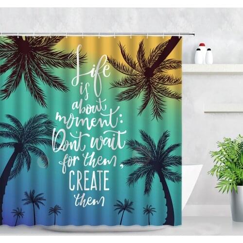 Waterproof Bathroom Shower Curtain Set Hand Painted Palm Tree Art Word Tropical Plant Printing Home Decor Curtains Bath Cloth