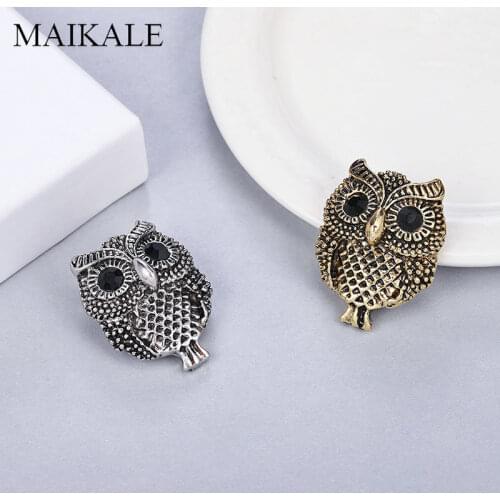 MAIKALE Vintage Owl Brooch Pins Black Crystal Eyes Metal Bird Brooches for Women Shirts Suit Girls Bag Pendant Accessories Gifts
