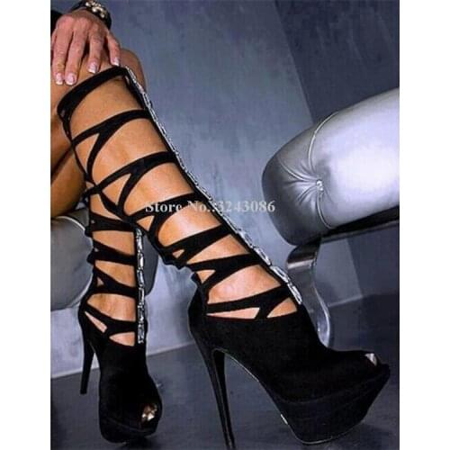 Sexy Black Super High Stiletto Heels Knee High Sandals Boots New Rome Style Peep Toe Platform Crystal Hollow Out Long Boots