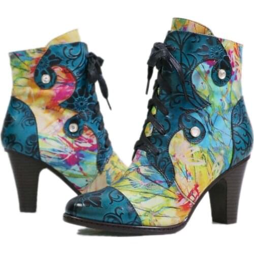 Womens Pointy Toe Mixed Colors Printed Ankle Boots Ethnic Style Chunky High Heel Warm Winter Shoes Western Cowboy Chelsea New