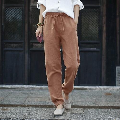 Aransue female spring and autumn trousers original retro ramie sand washing pants rope waist straight pants Pantalones