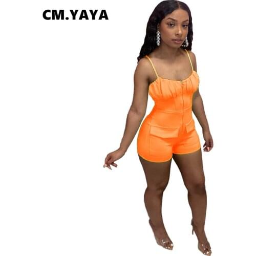 CM.YAYA Women Playsuit Solid Zipper Spaghetti Strap Pockets Sheath Elastic Above Knee Length Playsuits Summer Sexy Outfit 2021