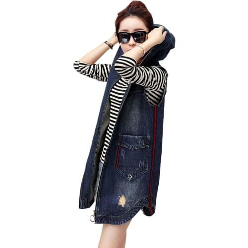 Vest Coats Women Spring Autumn Cowboy Vest Ladies Hooded Vest Jacket Hole Denim Vest Women Plus Size sleeveless Vest Coats R1027