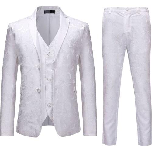 2pcs Mens Floral Party Tuxedo Suit (Jacket+Pants) White Single Breasted Suits With Pants Men Wedding Prom Suit Men Costume Homme