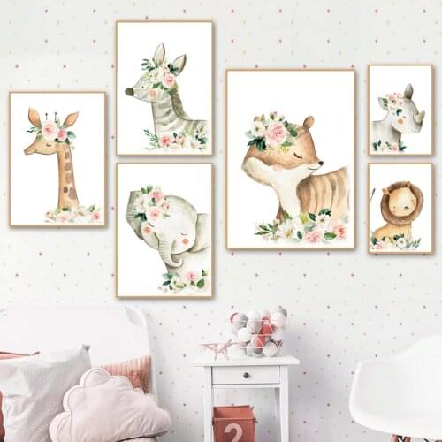 Giraffe Zebra Fox Lion Elephant Wreath Flower Wall Art Canvas Painting Nordic Posters And Prints Wall Pictures Kids Room Decor
