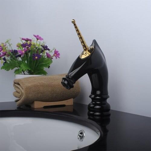 Free ship Luxury New Horse Style Gold and black Finish Bathroom Brass Basin SInk Faucet Mixer Taps Single hole deck mounted