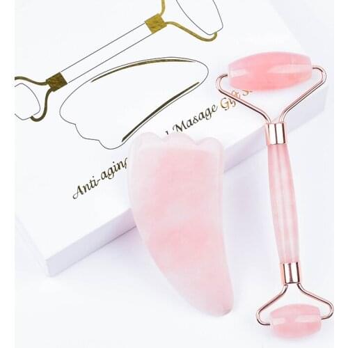 Noiseless Rose Quartz Facial Roller Massage GuaSha Tool Natural Rose Quartz Anti Cellulite Wrinkle Skincare Rollers Beauty Tool