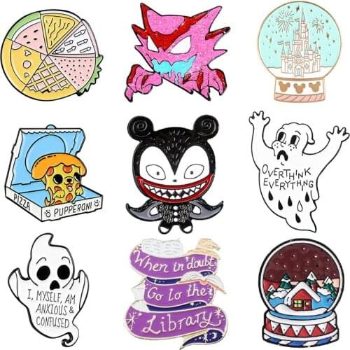 Punk Brooch Ghost Monster Vampire Pizza Castle Crystal ball book Library Enamel pins Badge Jewelry Denim Skirt Gift Broche